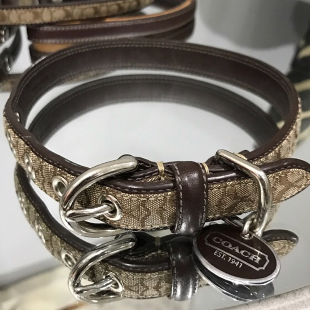 Coach brown leather logo dog collar and leash.